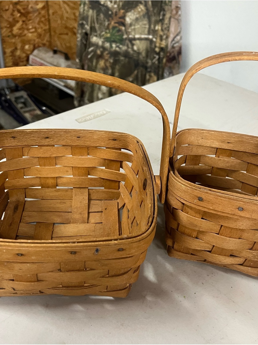 Longaberger woven wood twin handled baskets - warm brown